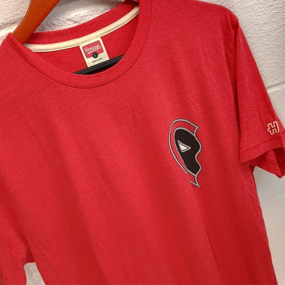 Homage Deadpool BFF Half Necklace Mens T-Shirt Size LARGE MARVEL Comic Red Shirt